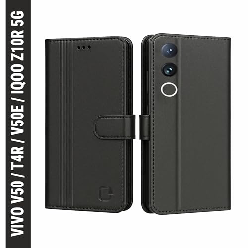 Image of AIBEX Shock Proof Flip Compatible for Vivo T4R 5G /IQOO Z10R 5G /Vivo V50 5G /Vivo V50E 5G Flip Cover Leather Finish|Inside TPU with Card Pockets|Wallet Stand|Complete Protection Flip Case - Black