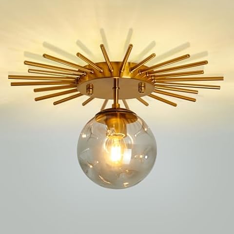 UOFUS Gold Sunburst Semi Flush Mount Ceiling Light Fixture with Glass Globe 1-Light Small Chandelier Farmhouse Ceiling Lamp for Hallway Stairwell Foyer Office Entryway Cover