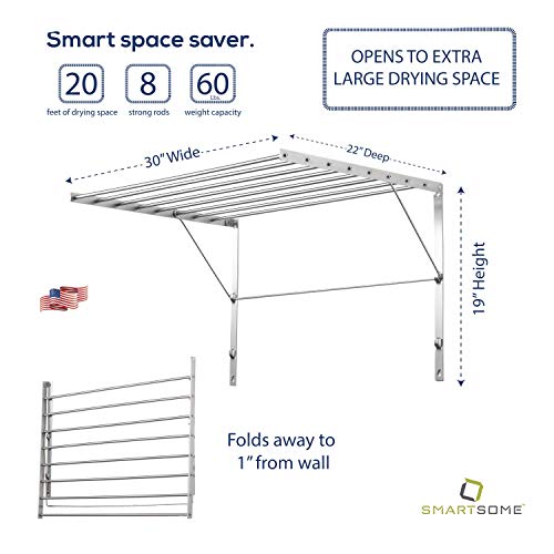Smartsome | Wall Mounted | Clothes Drying Rack | 30" Wide | 20 Linear Feet Capacity | 8 Smooth Round Stainless Steel Rods | 60 Lb Capacity | Fully Assembled | Compact Sturdy Space-Saving Design #TOP1