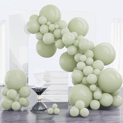 PartyWoo Sage Green Balloons 100pcs Different Sizes of 18 12 10 5 Inch Dusty Boho Green Latex Balloon Arch Kit for Wedding Birthday Dinosaur Jungle Golf Football Theme Party Decorations Green-F32