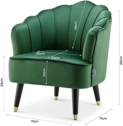 Bravich Green Velvet Shell Tub Chair. Velvet Fabric Soft Touch Living Chair With Wooden Legs & Gold Caps. Comfortable, Padded Armchair Perfect For Living Room, Bedroom, Dressing Table & More.