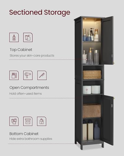 Image of VASAGLE Tall Storage Cabinet with Lights, Slim Freestanding Cabinet with Adjustable Shelves, for Small Spaces, Bathroom, Living Room, Modern, 11.8 Inches Wide, Ink Black UBBK566BC01S