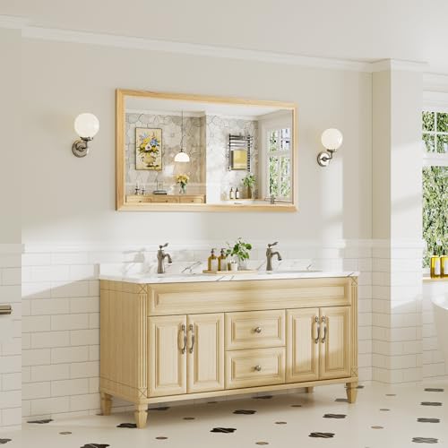 Image of 55x30 Inch Bathroom Mirror for Wall, Anti-Rust Oak Wood Grain Metal Framed Bathroom Mirrors for Over Sink,Rectangler Mirrors for Bathroom Vanity, Farmhouse, Bedroom, Living Room, Entryway Decor