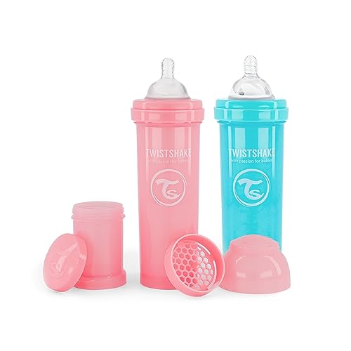 Biberon tétine forme de sein Twistshake en plastique souple débit vite 330ml rose bleu