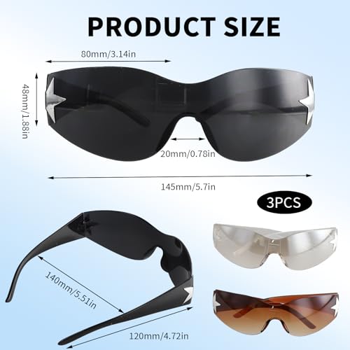 3 PCS Y2K Sunglasses, Y2K Rimless Sunglasses for Women Men, Frameless Wrap-Around, Oversized, Fashionable, Trendy, UV Protection, Unisex (Brown, Black, Gradual White)2