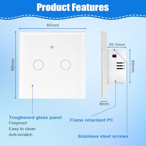Ainiv Smart Light Switch 2 Gang, WiFi Smart Touch Wall Switch with Capacitor, Multi-Control by Voice/APP Sharing WiFi Switch - Image 2
