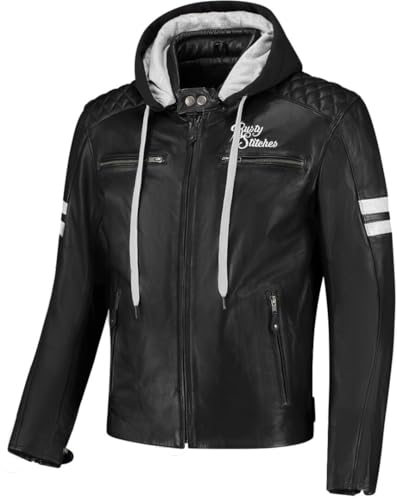 Image of Rusty Stitches Jari Men's Hooded V2 Leather Jacket Black/White, black/white, XXXXXXL