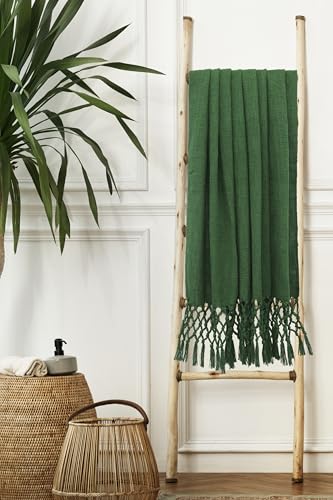 Image of HAKAM Cotton Throw Blanket with Macrame Tassels for 3 Seater Sofa | Ideal for Your Home, Living Room, Sofa, Bed, Chair, Picnic & Used for Gift - 50X70 inch (Dark Green, Small Single)
