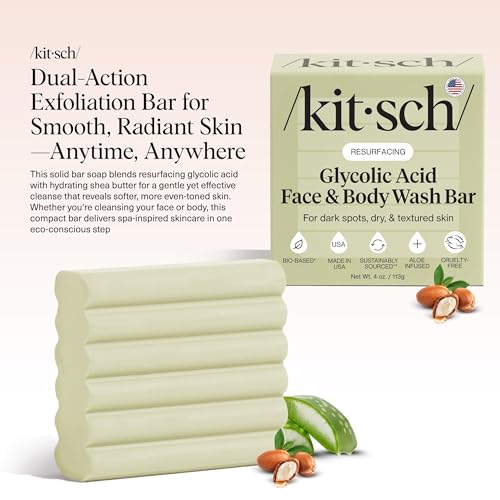 Image of Kitsch Glycolic Acid Face & Body Wash Bar - Resurfacing Bar Soap with Shea Butter for Smoother, Brighter Skin - Gentle Soap & Body Wash Women & Men Love - Cucumber & Eucalyptus Scent Bath Soap - 4 oz