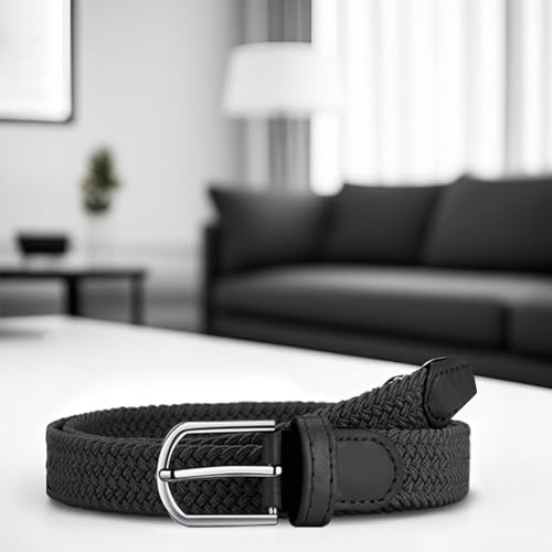 Black Stretchy Belt for Men, Men's Black Elastic Dress Braided Adjustable Casual Belt for Pants Jeans
