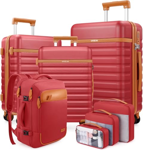 UKEIN PRO Luggage Sets 7 Piece Durable Hardside ABS Carry on Luggage with Spinner Wheels & YKK Zipper TSA Lock Large Checked Travel Suitcase With Backpack Set for Men and Women 20/24/28 Inch