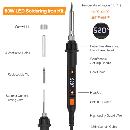 Image of Soldering Iron Kit 80W LED 356-968℉ Soldering Iron 10s Fast Heating 18-in-1 Welding Tools for Electronics Repair DIY, PCB with Flux, Solder Wire, 5 Replaceable Tips, Desoldering Pump, Stand, Tweezers
