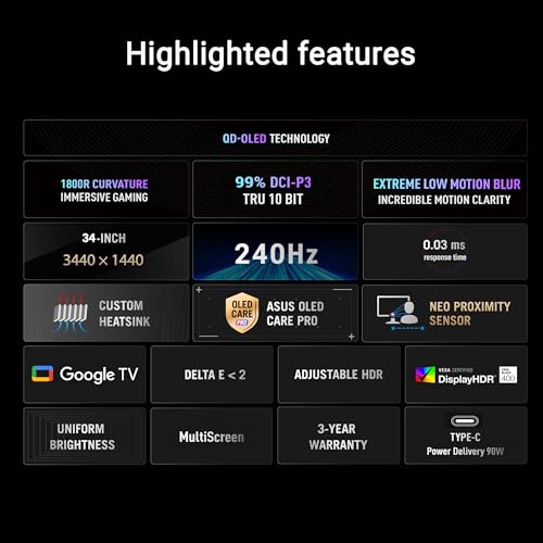 Image of ASUS ROG Strix 34 inch OLED Curved Ultrawide Gaming Monitor (XG34WCDMTG) - 240Hz, 0.03ms, FreeSync & GSYNC Compatible, WiFi 6, NVIDIA GeForce Now, Dolby Vision, Dolby Atmos