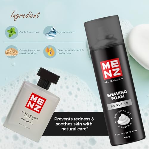 Image of MENZ Regular Shaving Foam with vitamin E 418gm & Original After Shave Lotion Enrich With Oat Milk 100ml Combo Pack for Men