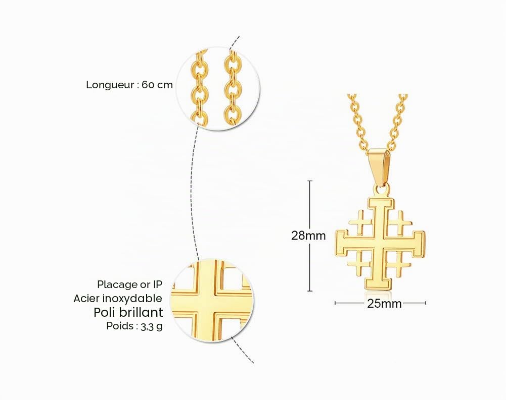 VNOX Acier Inoxydable Jérusalem Croix Pendentif Collier Bijoux Religieux Cadeau pour Hommes Femmes