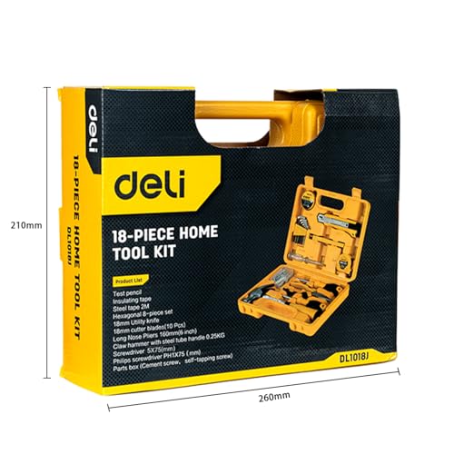 Image of Deli DL1018J 18 Piece Household Tool Kit with Test Pen Electrical Tape Long Nose Plier Tape Measure Screwdriver Utility Knives Claw Hammer and Storage Box for DIY Home Repair (Pack of 1, Yellow)