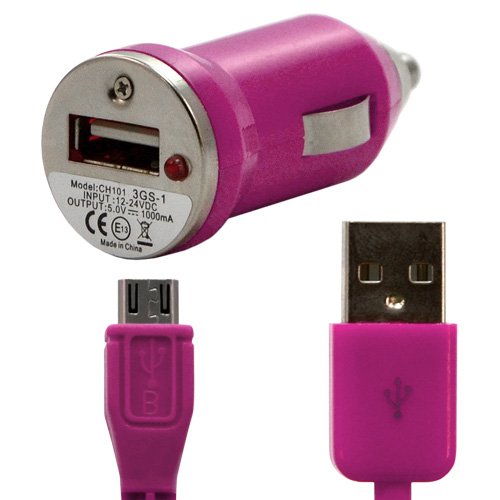 In-Car Cigarette Light Charger USB/Data Cable Fuchsia Pink for Acer Liquid Express/Liquid/Liquid Mini E310/MT/Stream beTouch E110 beTouch E120 beTouch E140/Newtouch P400/Newtouch S200