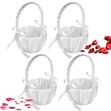 4PCS Wedding Flower Baskets, White Satin Bowknot Flower Baskets Pearl Collection Flower Girl Baskets for Weddings (Pearl Bow)