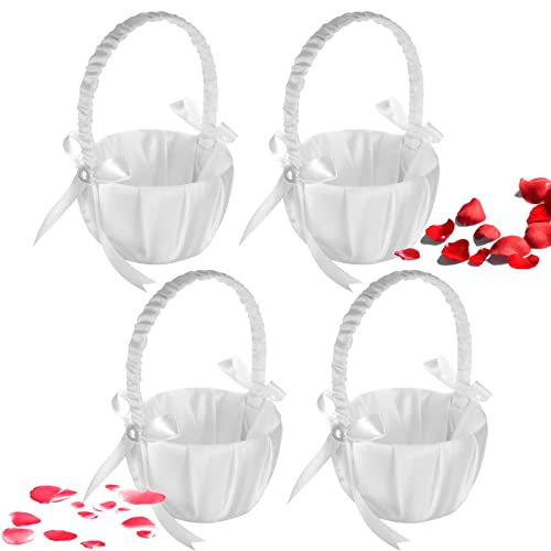 4PCS Flower Girl Basket for Wedding, White Satin Bowknot Flower Baskets Pearl Collection, Wedding Baskets for Flower Girls