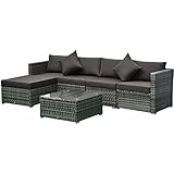 Outsunny 6 Piece Outdoor Patio Wicker Sofa Set Sectional Furniture Chair Conversation Set with Cushions and Tea Table Charcoal