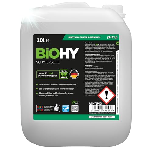 BiOHY Schmierseife (10 Liter Kanister) | Bodenreiniger Konzentrat – Wischpflege für Holz, Parkett & Fliesen | Rückfettend, extra stark & ergiebig | Flüssiger Bio-Fußbodenreiniger