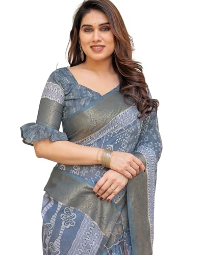 Image of ALMAARI FASHION Floral Printed Cotton Saree for Women with Handloom Zari Weave, Traditional Lightweight Ethnic Saree for Wedding Festive Office Party with Blouse Piece (LINEN 81-90 SH)