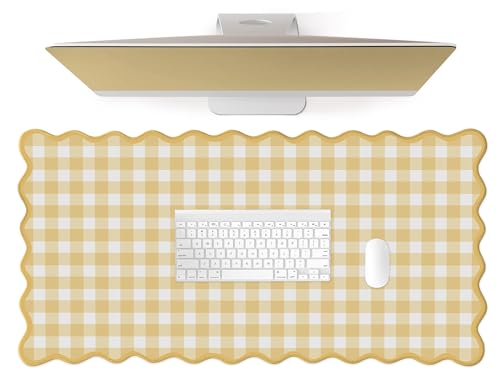 ohisxiacy Scalloped‌ Checkered Gingham Desk Mat Cute Yellow Pastel Large Mouse Pad Kawaii Cottagecore ‌Vintage‌ Deskmat Girly Keyboard Computer Mat Aesthetic Desk Pad Office Decor for Women