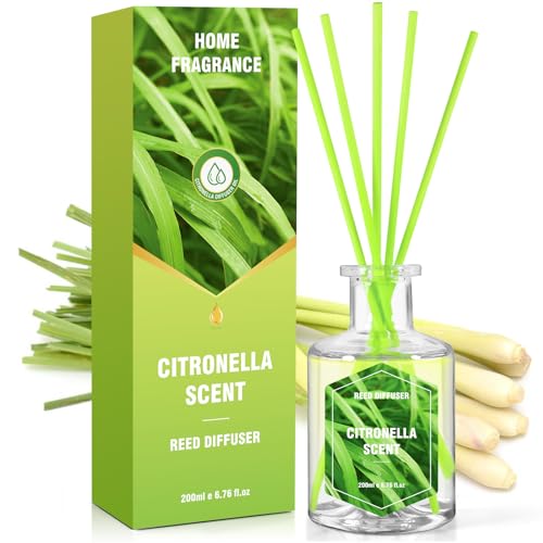 Scent-Hi Citronella Reed Diffuser, 200ml, Citronella Fragrance Reed Diffuser, Natural Essential Lemongrass Oil, for Backyard, Decks, Patio, Garden, Indoor, Outdoor