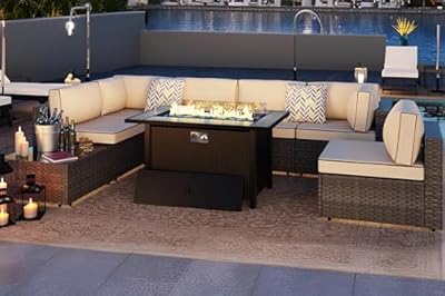 SUNLEI 8 PCS Rattan Patio Furniture Set with 45" Table, Conversation Patio Front Porch Furniture Set with Non-Slip and Thickened Cushion, Patio Sets for Balcony/Outdoor Yard/Lawn (Sliver/Khaki)