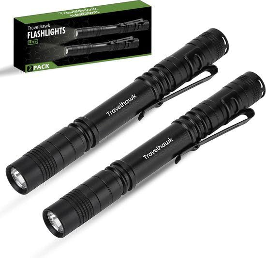 TravelHawk Linterna LED recargable, 100 lúmenes, juego de 2 unidades, lámpara de bolígrafo, linterna compacta, impermeable IPX4, para camping, exteriores y emergencias, Flashlight