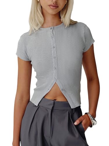 Image of Womens Short Sleeve Sweater Tops Crew Neck Button Casual Summer Sweaters Ribbed Knit Cropped Cardigans