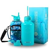 Themosis - Botella de agua aislada de 64 onzas, botella de agua de acero inoxidable con popote y correa de soporte, incluye 2 tapas para botellas de agua, botella de agua más fría a prueba de fugas