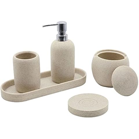 Bathroom Accessories Set, 5 Pcs Resin Bathroom Countertop Vanity Accessory Set with Lotion Soap Dispenser,Soap Dish,Toothbrush Holder,Tray,Qtip Holder Dispenser, Modern Bathroom Decor and Gift Set Cover