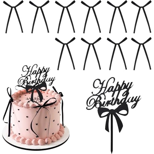 ASOMI Decoración para tartas de feliz cumpleaños, 1 pieza elegante decoración de acrílico para tartas con 10 lazos, para tarta de cumpleaños (negro)