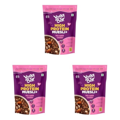 Image of Yogabar High Protein Muesli 350g | 23g Protein per 100g | With Probiotics | Easy on gut | Choco Almond +cranberry | Protein Snack | High Fiber Food | Breakfast Cereal (Pack of 3)