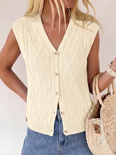 BTFBM Vest Tops for Women Summer V Neck Button Loose Lightweight Cardigan Knit Cap Sleeve Sweater Vests Fashion Clothing(Beige, Small) — view 5