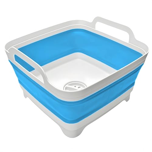 Image of Collapsible Wash Basin 9L, Foldable Dish Tub with Drain Plug, Portable Collapsible Dish Basin, Camping Sink for Washing Dishes, Laundry & Kitchen Use (Blue)