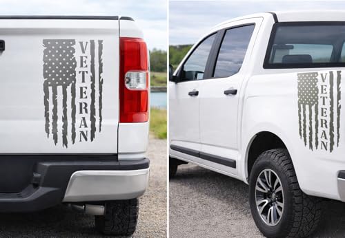 Image of GRITKULTURE Veteran Distressed American Flag Vinyl Decal for Trucks, Tailgate, Cars, Windows Compatible with Most Pickup Trucks EUA Flag - Rear Graphic USA, US Flag Car Sticker (Metallic Grey)