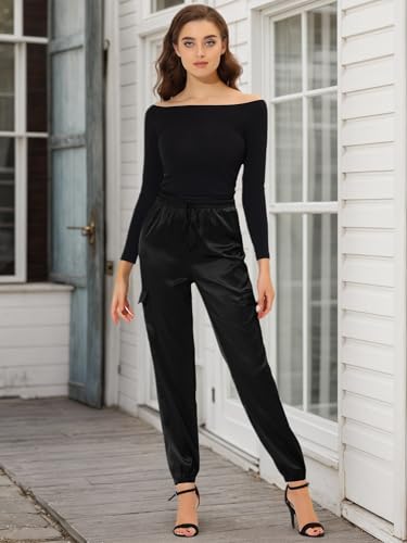 Allegra K Women's Satin Pants Tie Elastic High Waist Shiny Silky Dressy Satin Cargo Joggers2