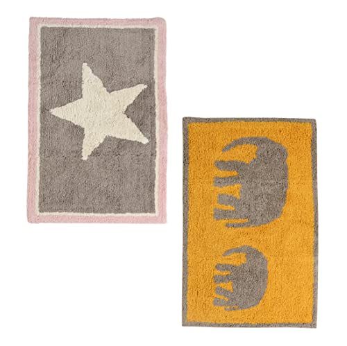 Image of SASHAA WORLD Star + Elephant Patterned Bathmat Combo | Ultra Soft & Absorbent Tufted Cotton Rugs with Anti-Skid Latex Backing, Perfect for Bathroom, Bedroom, Hotels | Pack of 2, 50x80 cm