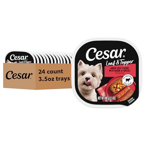 Image of Cesar Loaf & Topper Wet Dog Food, Beef, Bacon & Cheese, 3.5 oz, 24 Count | Beef #1 ingredient, easy to digest, no fillers or added sugar, complete & balanced, use as meal or topper, easy peel trays