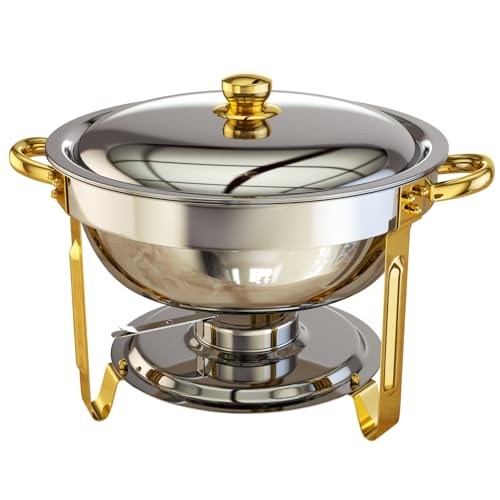 Chafing Dishes for Buffet, 1 Pack 5QT Round Chafing Dish Buffet Set [Elegant Gold and Silver Colors] Stainless Steel Buffet Servers and Warmers for Catering Events Parties Dinners with Complete Set
