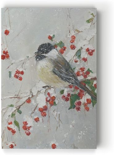 Renditions Gallery Animals Wall Art Paintings & Prints Holly Berries and Chickadee Christmsa Bird Abstract Art Wall Prints for Bedroom Dining Living Room Office Home Kitchen Wall Decor - 28"X40" LT18
