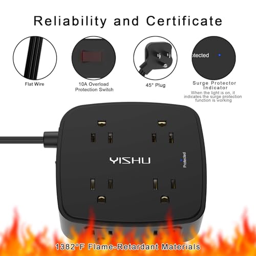 Image of YISHU Power Strip, Surge Protector with 6 Outlets and 6 Feet Extension Cord for Home, Office, Dorm Essentials, 1680 Joules, ETL Listed, Black