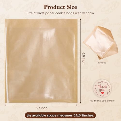HONKID 100 Pack Cookie Packaging Bags With Seal Stickers, 5.7x6.5 Inch Food-Grade Bakery Bags With Window, Heat Sealable Paper Cookie Sleeves for Homemade, Cookies, Cakes, Brown, Donut — view 3