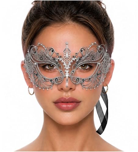 Image of Masquerade Mask for Women with Rhinestones - Elegant Metal Half Face Mask for Masquerade Parties, Mardi Gras, & Themed Events
