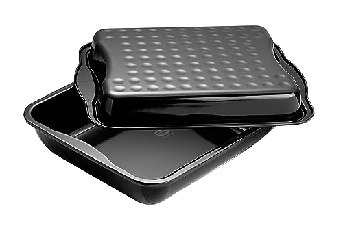 Dr. Oetker Fuente para horno alta y rectangular con tapa-Besuguera-Rustidera antiadherente esmaltado negro-Bandeja XXL, resistente hasta 400ºC, hecha en Alemania, 42x34x7,5cm, 1ud.