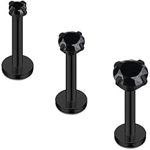Ruifan Black Plated Stainless Steel 2mm 3mm 4mm Black CZ Gem Internally Threaded Labret Monroe Lip Ring Tragus Nail Helix Earring Stud Barbell Piercing Jewelry 16G 8mm 3pcs