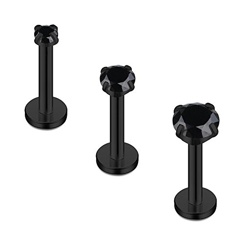 Ruifan Black Plated Stainless Steel 2mm 2.5mm 3mm Black CZ Gem Internally Threaded