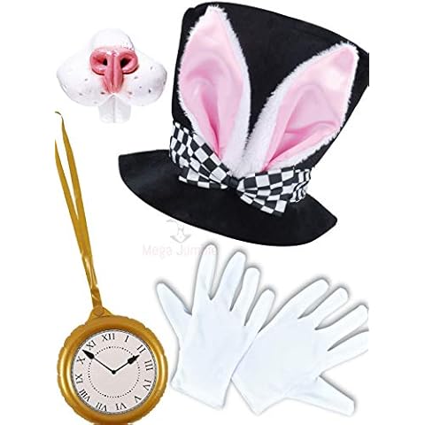 Silver® Adult Deluxe Bunny Wonderland Rabbit Fancy Dress Costume - Black Hat with Rabbit Ear, Nose, White Gloves & Medallion Set for Halloween Hen Party Outfits Cover